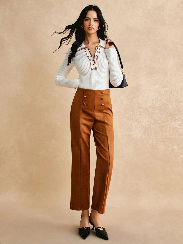CM-BS014459 Women Trendy Bohemian Style Suede Front Decorative Button Long Pants - Brown