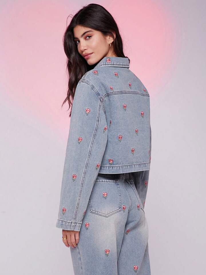 CM-CS634861 Women Trendy Bohemian Style Floral Embroidered Drop Shoulder Cropped Denim Jacket - Blue
