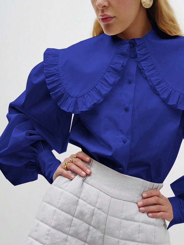 CM-TS278792 Women Elegant Seoul Style Solid Color Peter Pan Collar Bishop Sleeve Ruffle Detail Long Sleeve Blouse