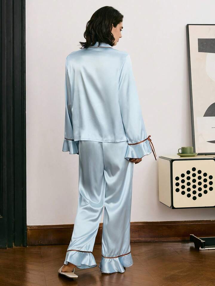 CM-LS071247 Women Trendy Seoul Style Ruffle Splicing Contrast Bow Satin Loungewear Set - Blue