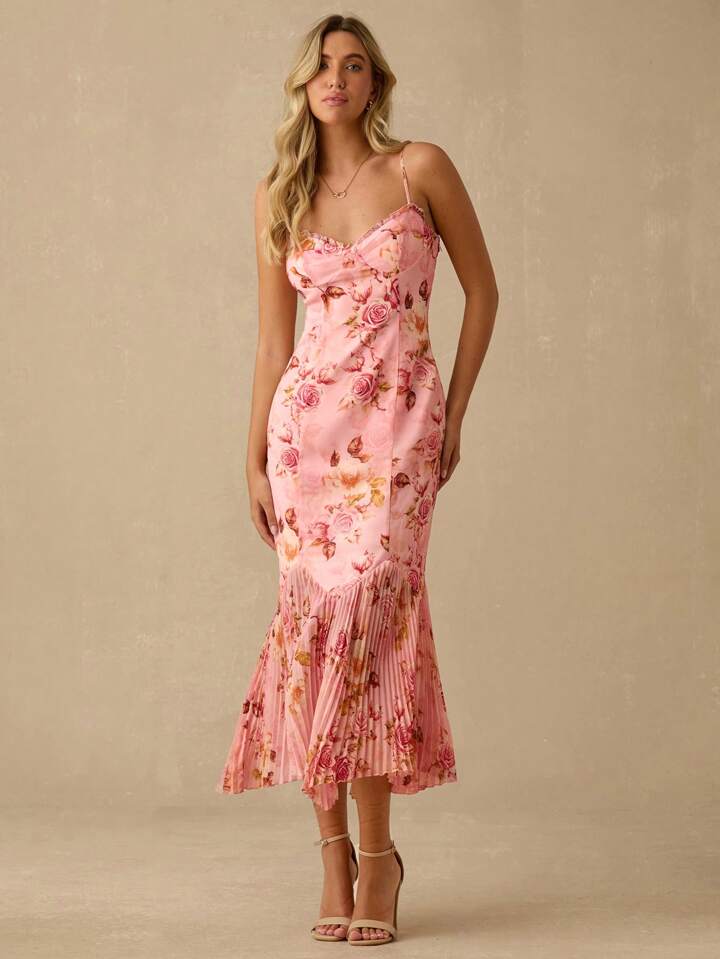 CM-DS836355 Women Elegant Seoul Style Floral Print Spaghetti Strap Sweetheart Neck Pleated Hem Mermaid Maxi Dress