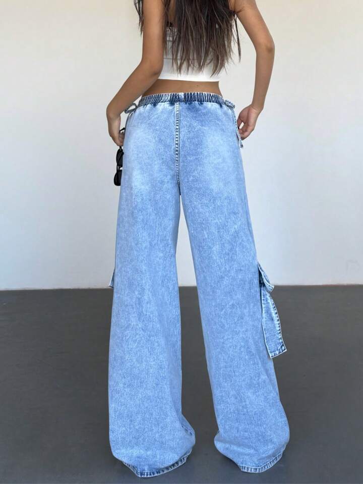 CM-BS959212 Women Casual Seoul Style Bow Decor Patch Pocket Wide Leg Denim Jeans - Blue