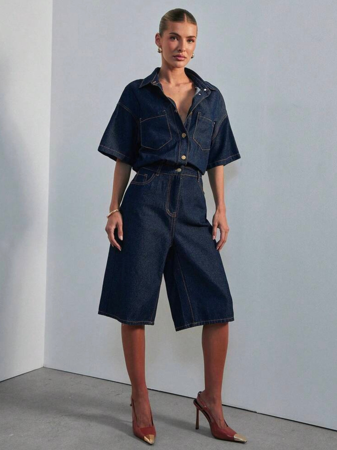 CM-JS876546 Women Casual Seoul Style Dark Wash Collared Short Sleeve Relaxed Denim Jumpsuit