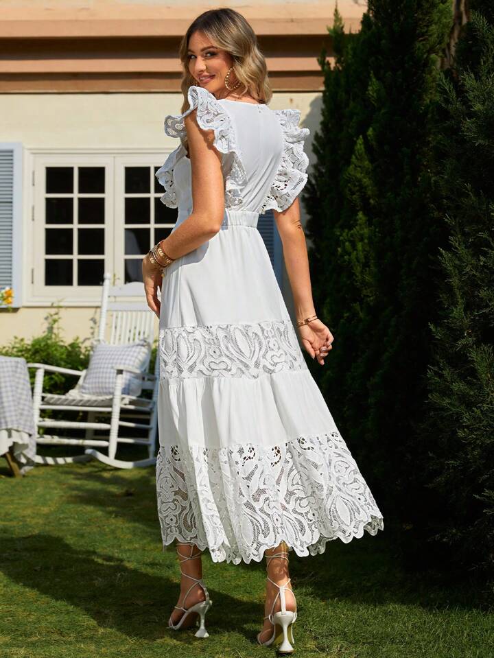 CM-DS973690 Women Elegant Seoul Style Square Neck Mesh Splice Ruffle Hem Dress - White
