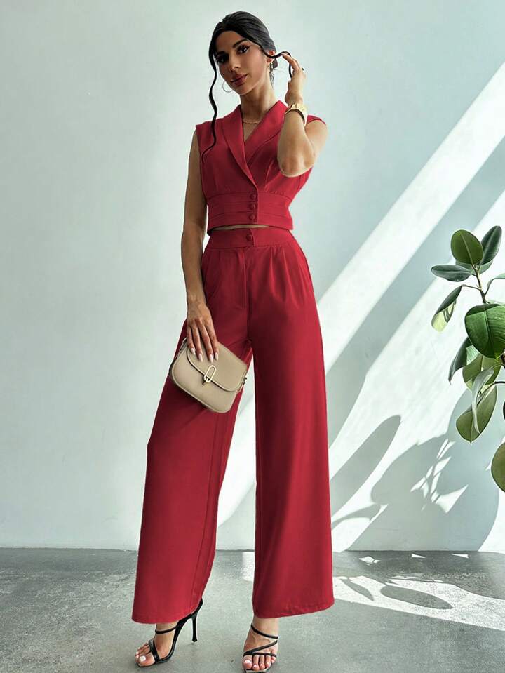 CM-SS251155 Women Elegant Seoul Style Collared Fitted Cap Sleeve Shirt With Straight-Leg Pants Suit - Red