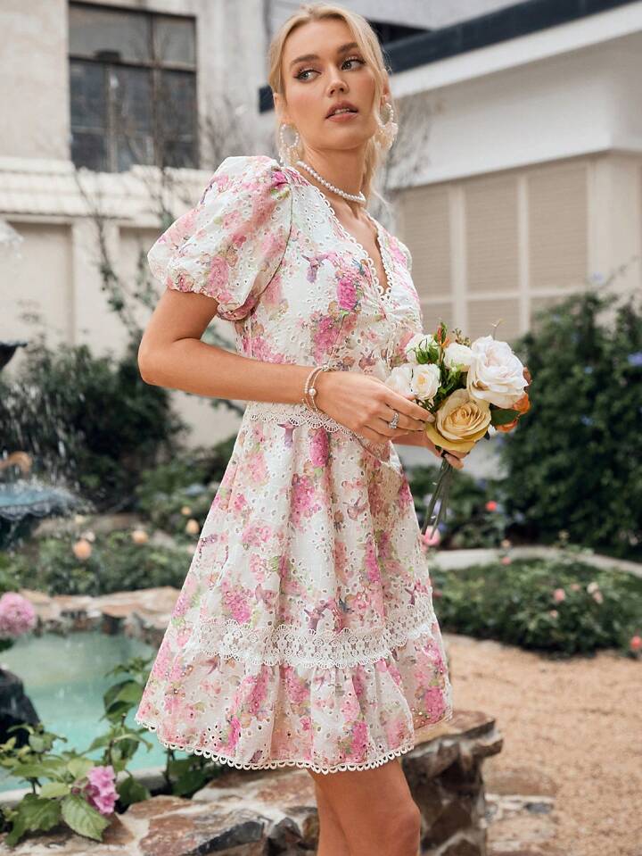 CM-DS571115 Women Trendy Bohemian Style Hollow Out Embroidered Floral Lace Patchwork Puff Sleeve Dress