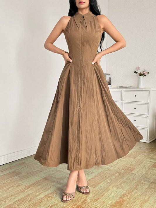 CM-DS240433 Women Elegant Seoul Style Solid Color Halter Neckline Sleeveless Midi Dress - Brown