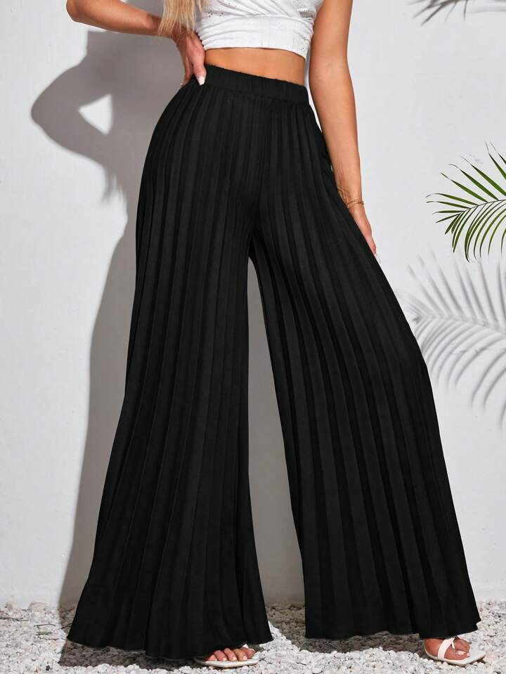CM-BS115564 Women Trendy Bohemian Style Elastic Waist Pleated Extra-Long Wide-Leg Pants - Black