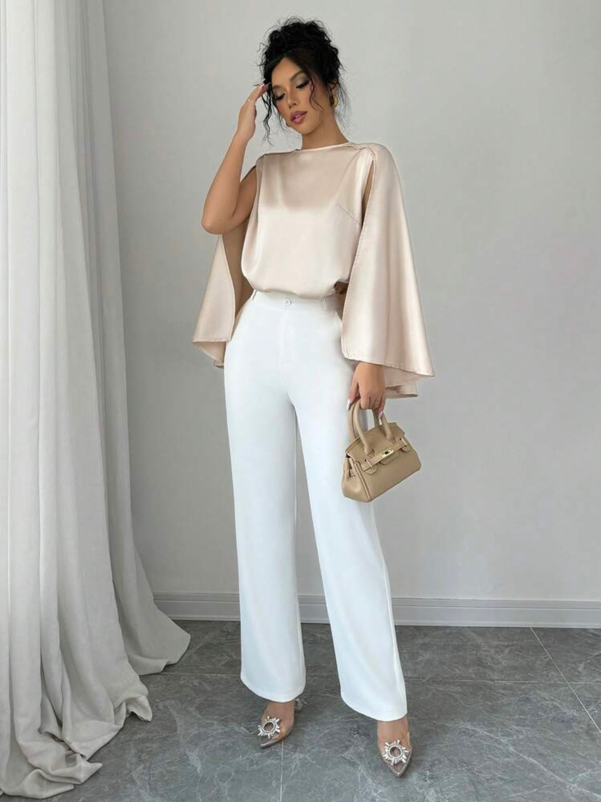 CM-TS517920 Women Casual Seoul Style Round Neck Elegant Cape Sleeve Long Sleeve Blouse - Apricot