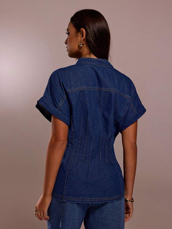CM-TS897693 Women Casual Seoul Style Collar Neckline Short Sleeve Single-Breasted Loose Denim Top - Blue