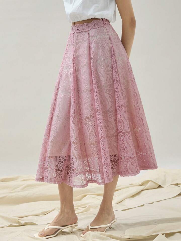 CM-BS666792 Women Trendy Bohemian Style High Waist Lace Pleated A-Line Midi Skirt - Pink