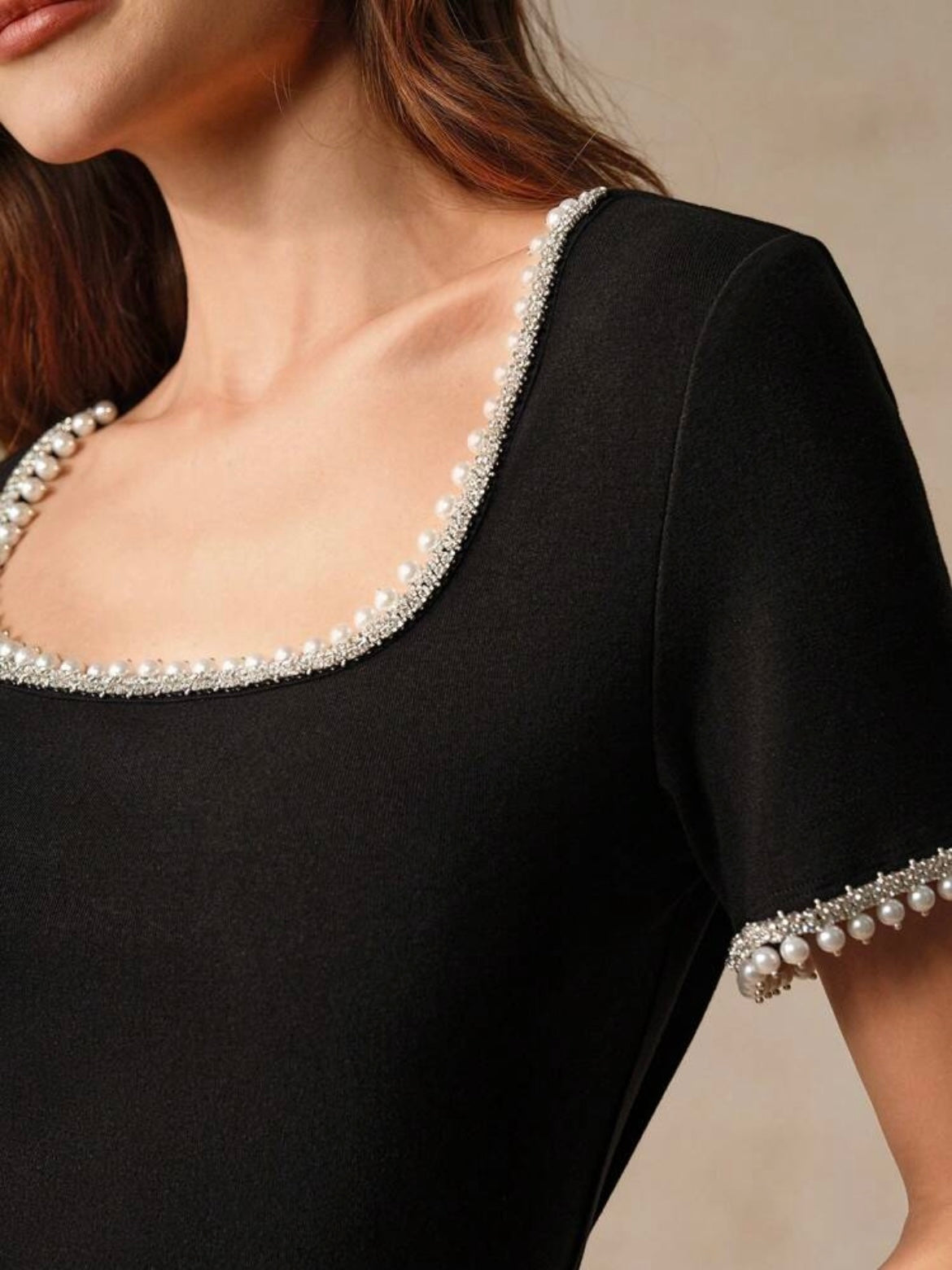 CM-TS752072 Women Casual Seoul Style Pearl Rhinestone Decor U-Neck Collar Short-Sleeved T-Shirt - Black