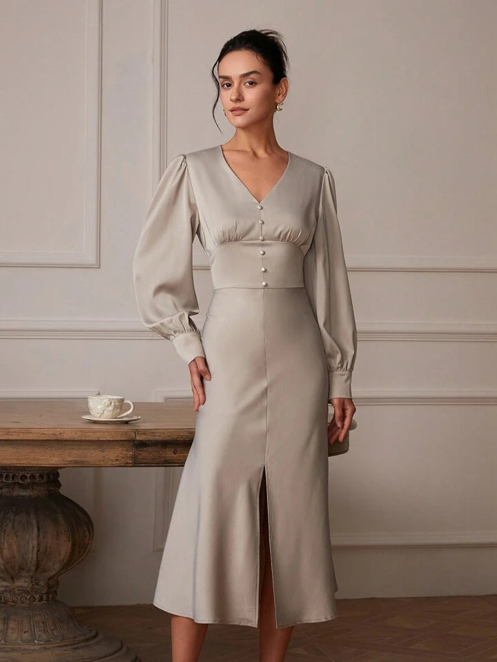 CM-DS307088 Women Elegant Seoul Style Solid Color V-Neck Long Sleeve Front Slit Dress - Dusty Purple