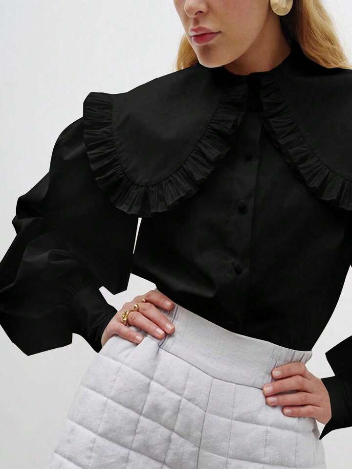 CM-TS789662 Women Elegant Seoul Style Solid Color Peter Pan Collar Bishop Sleeve Ruffle Detail Long Sleeve Blouse