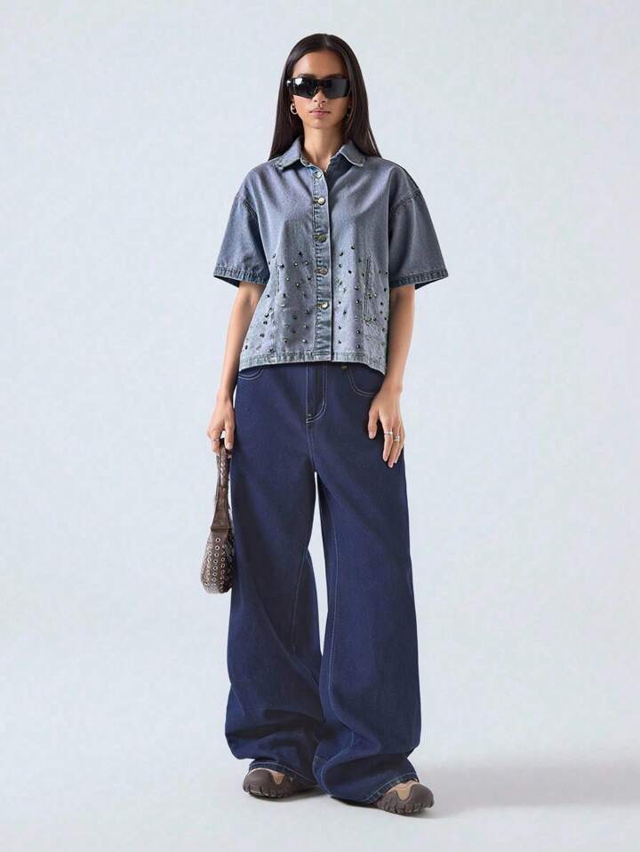 CM-TS285245 Women Casual Seoul Style Collar Neckline Short Sleeve Loose Button Pocket Rhinestone Denim Top - Blue