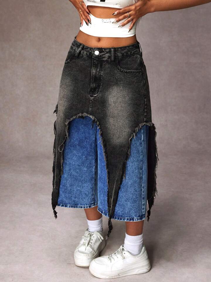 CM-BS335155 Women Casual Seoul Style Contrast Color Pockets Frayed Wide Leg Loose Jeans