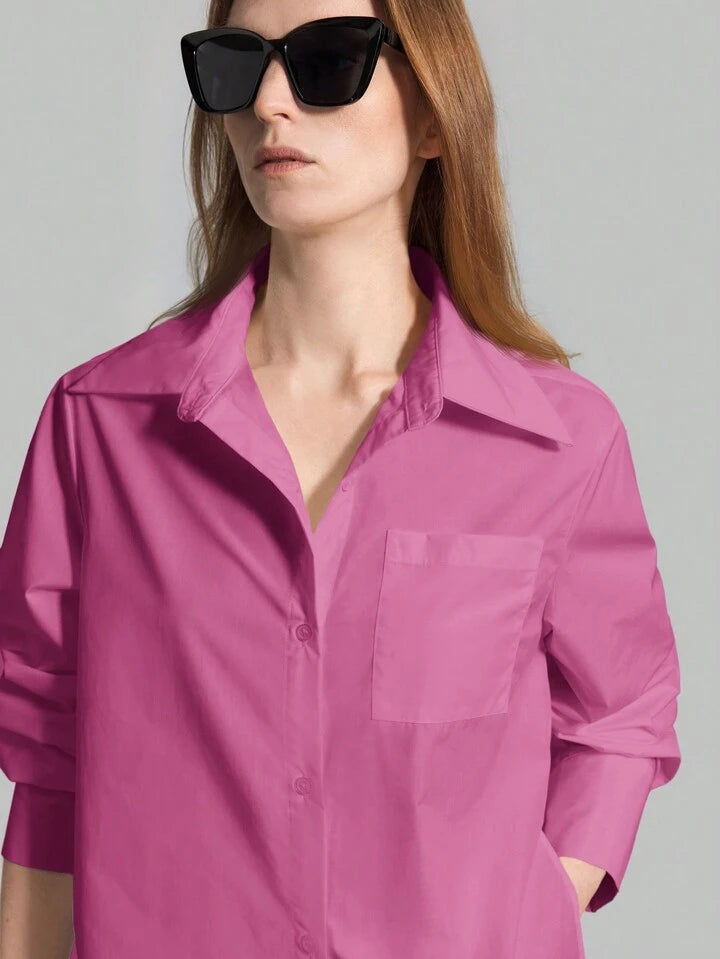 CM-TS834374 Women Casual Seoul Style Shirt Collar Long Sleeve Front Button High Slit Long Shirt - Purple