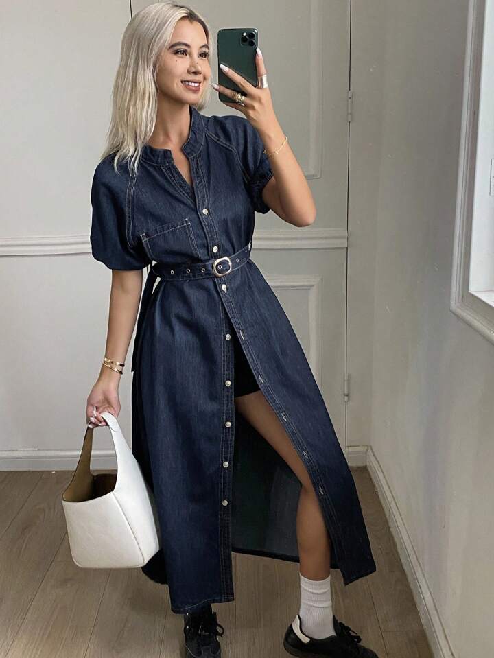 CM-DS617470 Women Casual Seoul Style V-Neck Waist Cinched Short Sleeve Mid-Length Denim Dress - Blue