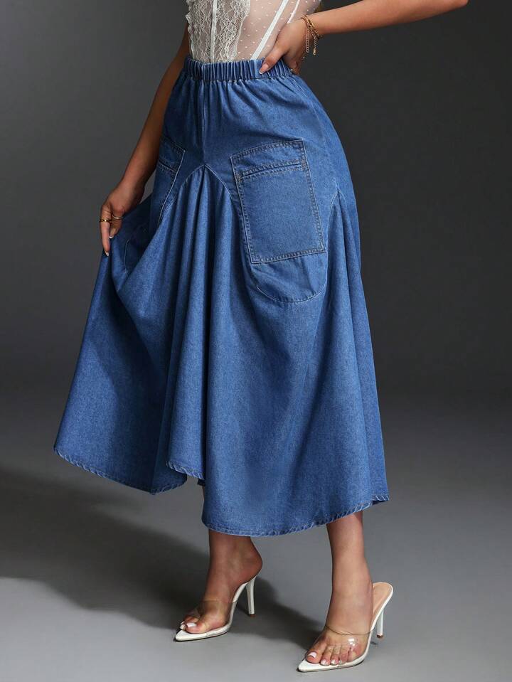 CM-BS176108 Women Casual Seoul Style Elastic Waist Long Loose Denim A-Line Denime Skirt - Blue