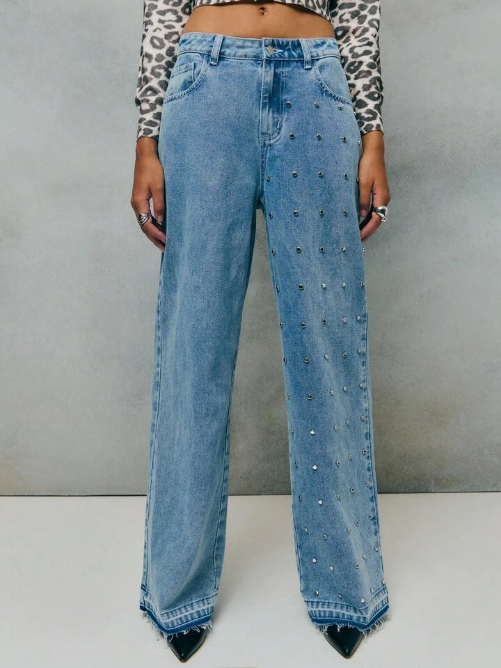 CM-BS572271 Women Casual Seoul Style Light Wash Rhinsetone Studs Embellished Wide-Leg Jeans
