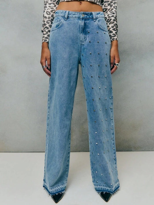 CM-BS572271 Women Casual Seoul Style Light Wash Rhinsetone Studs Embellished Wide-Leg Jeans