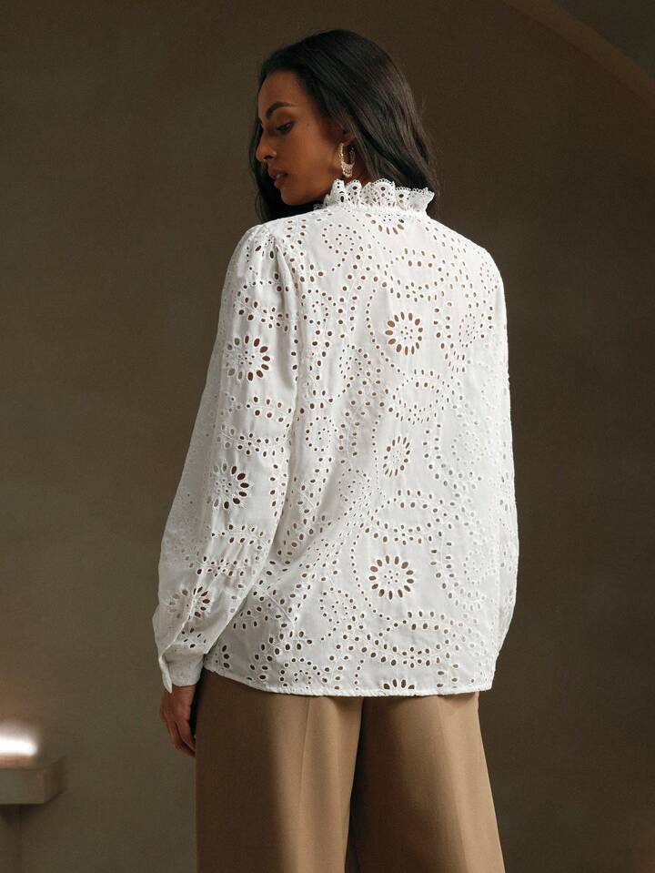 CM-TS725422 Women Trendy Bohemian Style Lace Hollow Stand Collar Lantern Sleeve Blouse - White