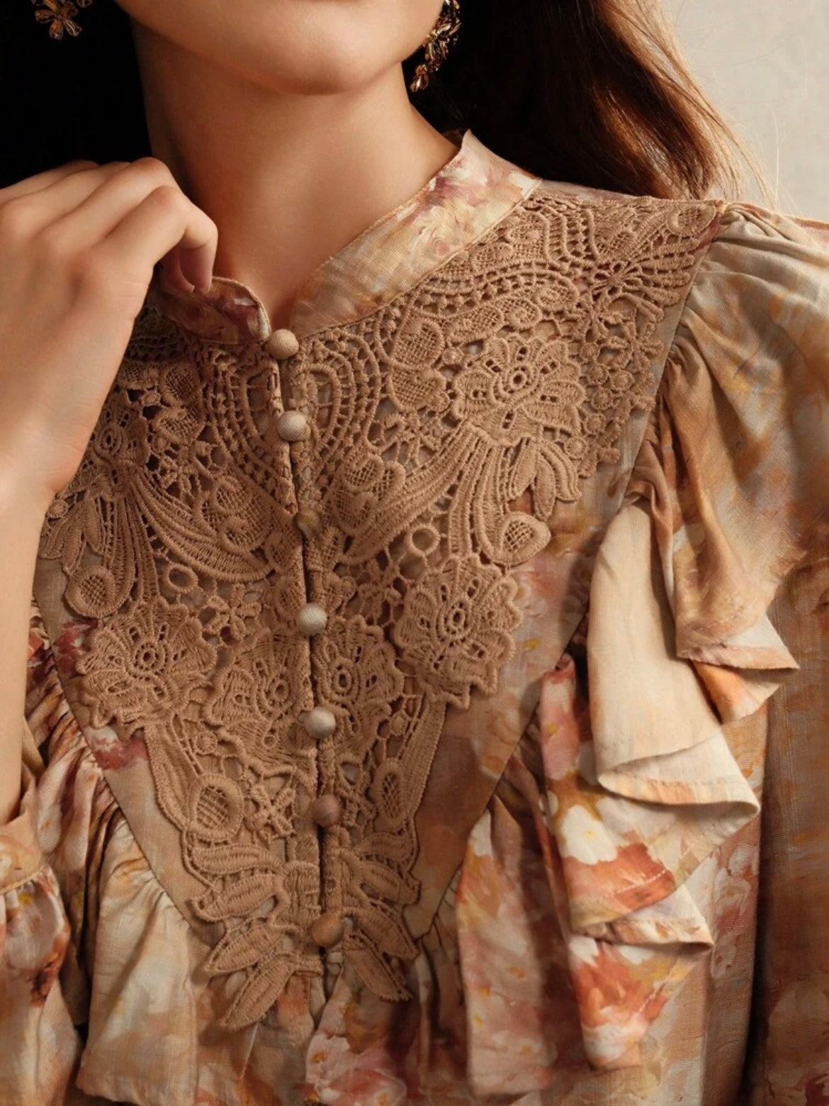 CM-TS379818 Women Elegant Seoul Style Floral Print Lace Ruffled Trim Blouse