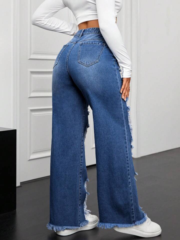 CM-BS168464 Women Casual Seoul Style Dark Wash Front Button Pocket Distressed Ripped Denim Long Jeans