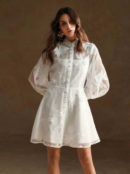 CM-DS866565 Women Elegant Seoul Style Collar Neckline Lace Cinched Waist Lantern Sleeve Dress - White