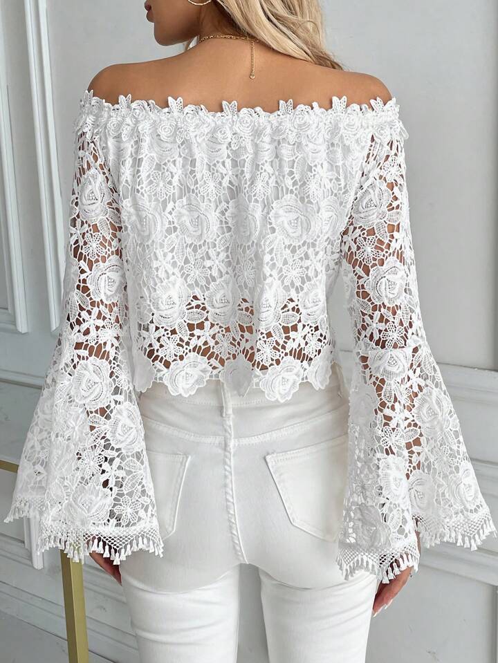 CM-TS501788 Women Elegant Seoul Style Solid Color Lace Off-Shoulder Flare Sleeve Cropped Blouse