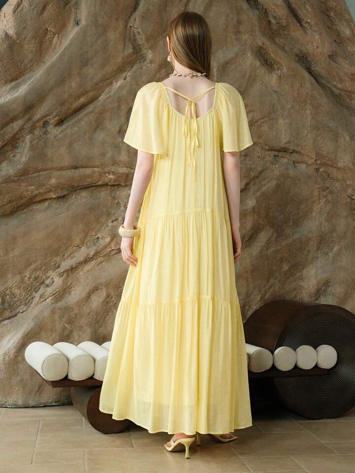 CM-DS661692 Women Casual Seoul Style V-Neck Cap Sleeve Loose High-End Splice Midi Dress - Yellow