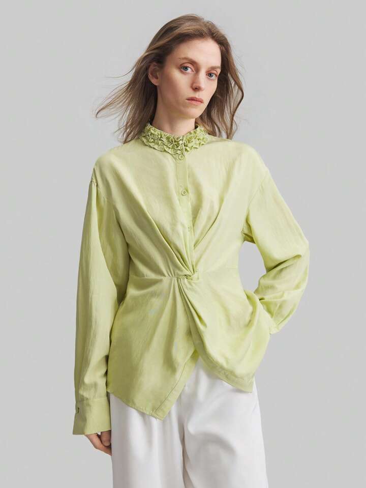 CM-TS540434 Women Elegant Seoul Style Stand Collar Drop Shoulder Long Sleeve Asymmetrical Shirt - Green