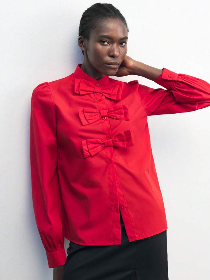 CM-TS178815 Women Elegant Seoul Style Bow Decor Shirt Collar Button-Up Long Sleeve Blouse - Red