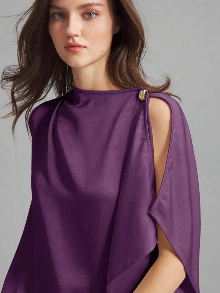 CM-TS460506 Women Casual Seoul Style Asymmetrical Neck Sleeveless Metal Button Asymmetric Sleeveless Top - Purple