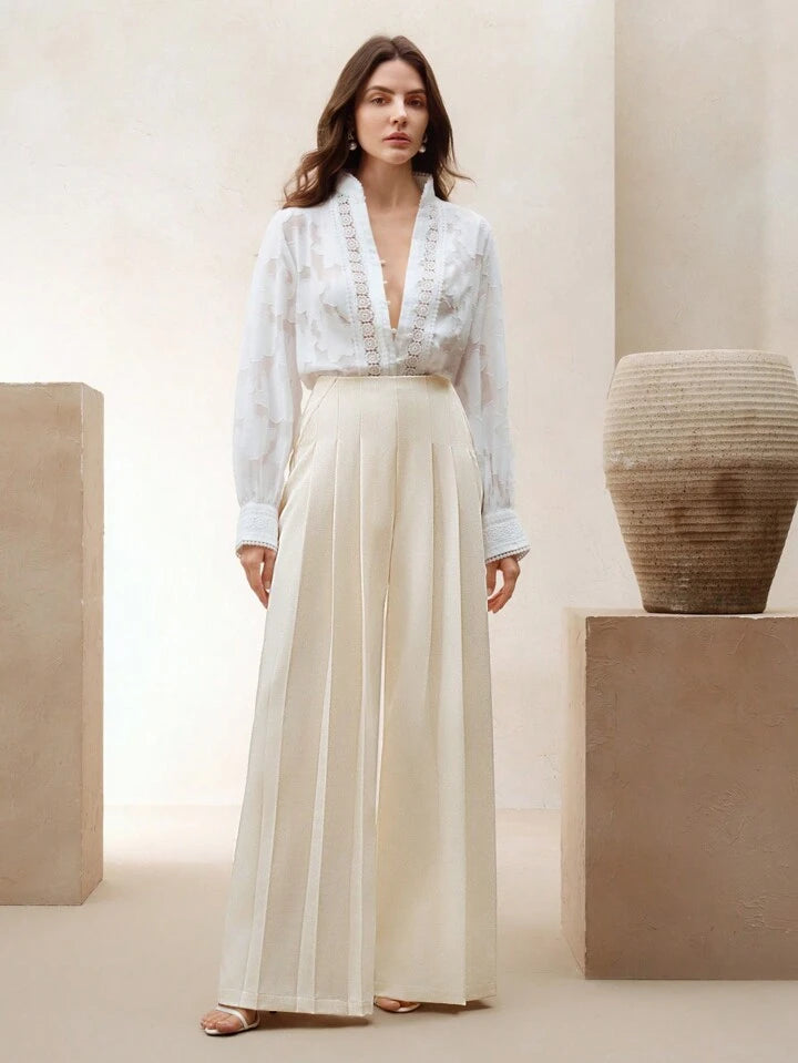 CM-BS395326 Women Elegant Seoul Style Solid Color Slimming Double Pleated Wide Leg Pants - Apricot