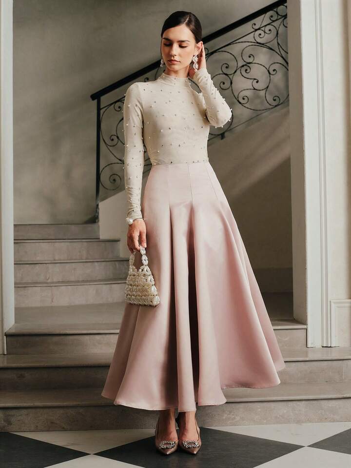 CM-BS335131 Women Elegant Seoul Style High Waist Flared Long Skirt - Dusty Pink