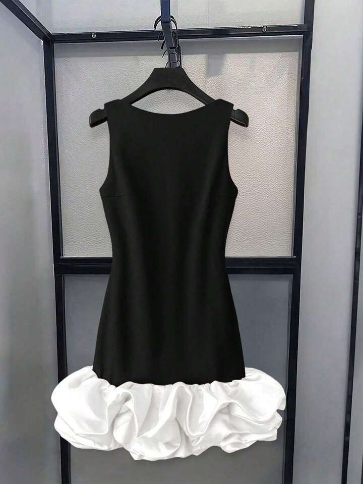 CM-DS382544 Women Elegant Seoul Style Round Neck Sleeveless Ruffle Hem Short A-Line Dress