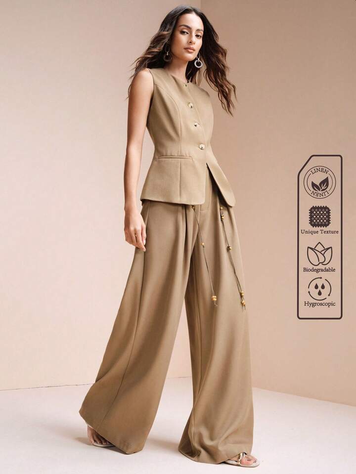 CM-SS173741 Women Elegant Seoul Style Linen Round Neck Sleeveless Vest With High Waist Beaded Wide Leg Pants - Set