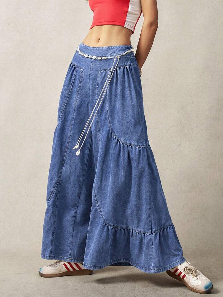 CM-BS562441 Women Casual Seoul Style Elastic Waist Irregular Patchwork Wide Leg Pants - Navy Blue