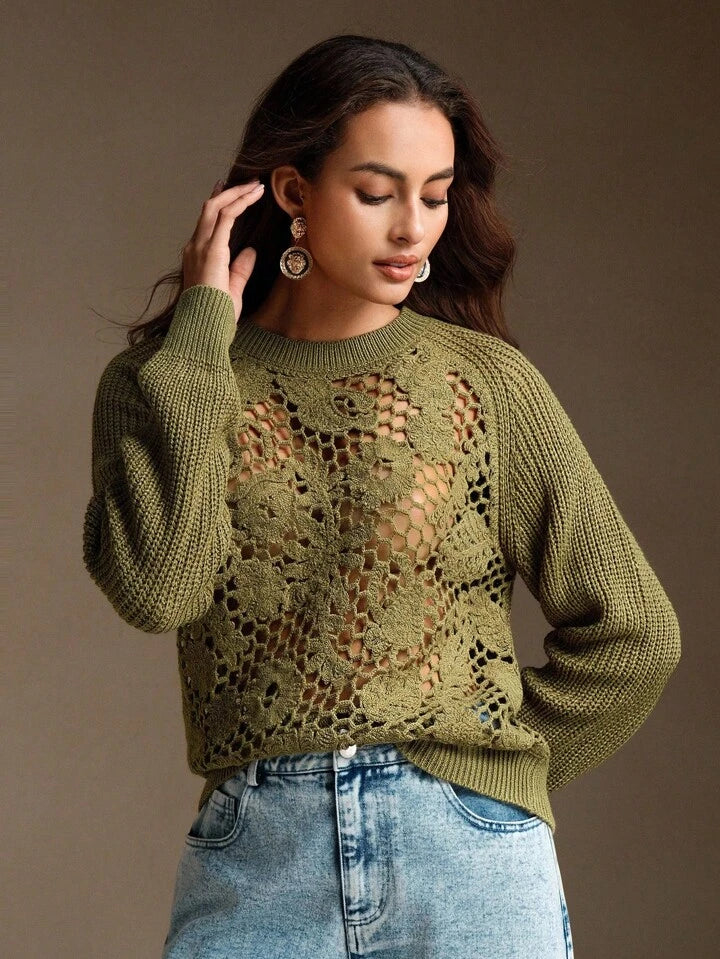 CM-CS500275 Women Elegant Seoul Style Crochet Openwork And Patchwork Design Loose Knit Sweater - Green