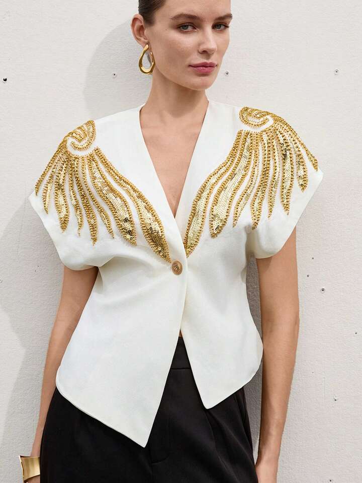 CM-TS871447 Women Elegant Seoul Style Asymmetrical Hem V-Neck Padded Beaded Embroidered Blouse - Beige