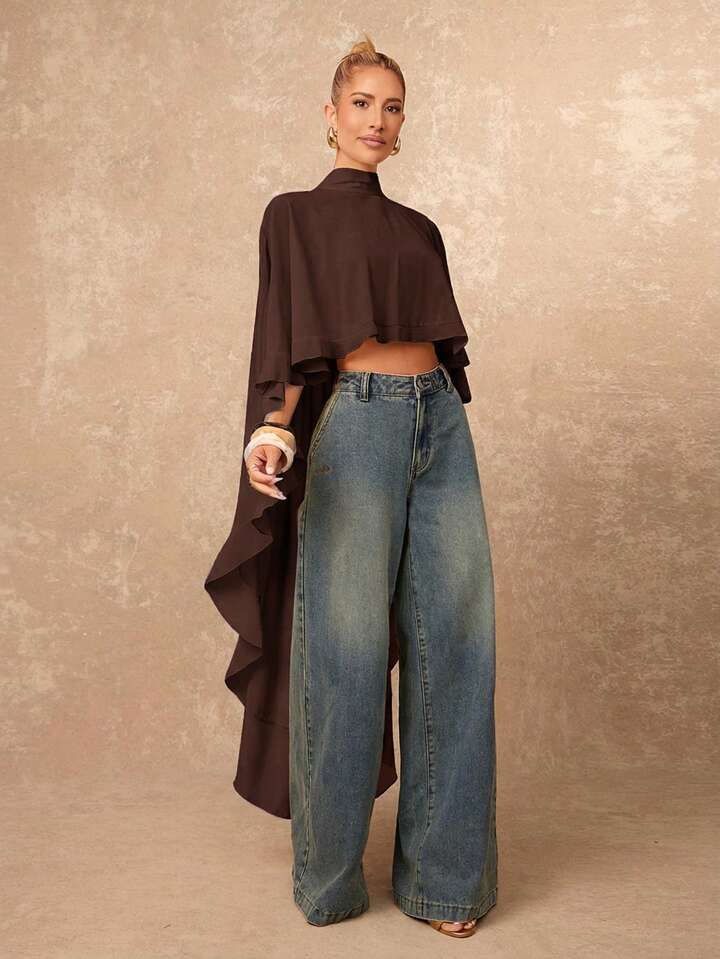 CM-TS104645 Women Casual Seoul Style Asymmetric Ruffle Hem Loose Collar Shawl Blouse - Brown