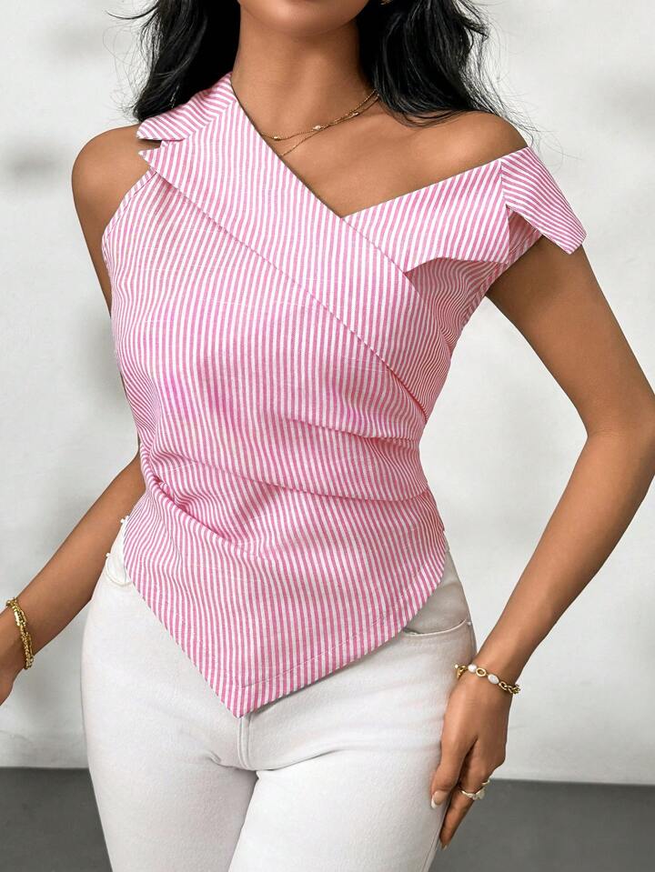 CM-TS604187 Women Casual Seoul Style Asymmetrical Neckline Striped Print Sleeveless Shirt - Pink