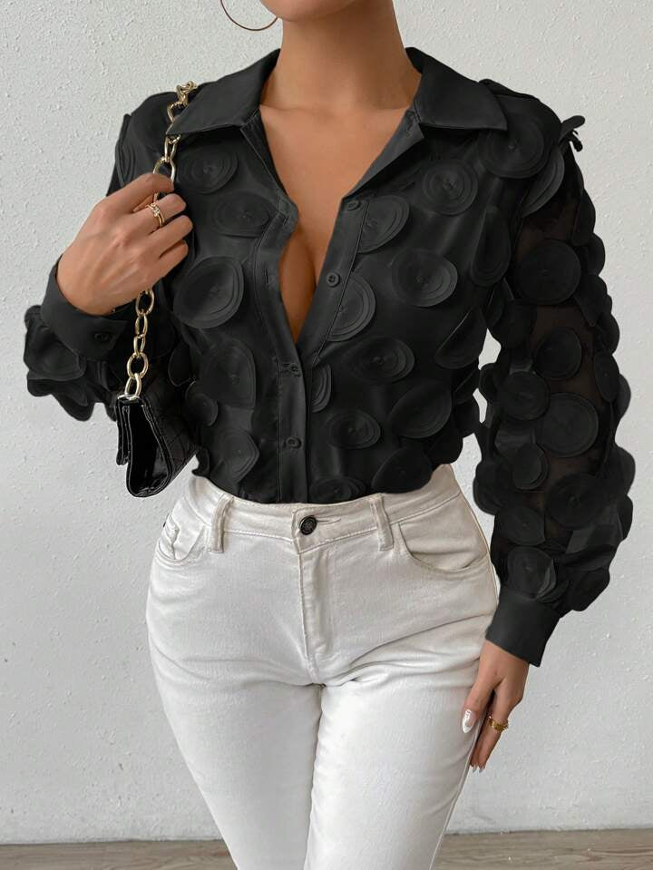 CM-TS751257 Women Elegant Seoul Style 3D Petal Chiffon Hollow Out Lantern Sleeves Shirt - Black