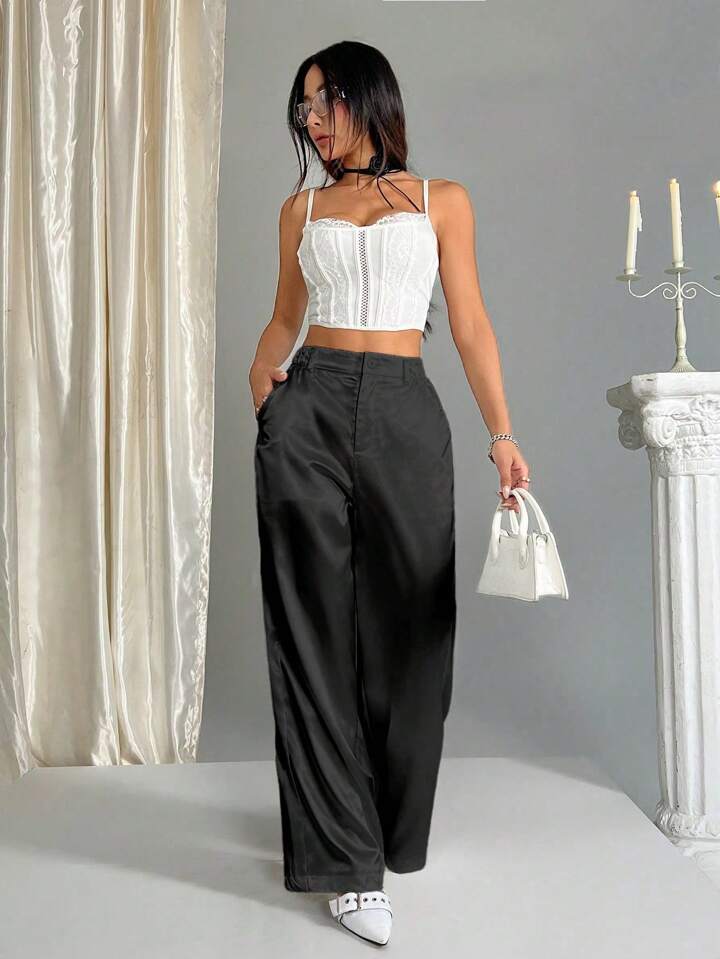 CM-BS020018 Women Casual Seoul Style Satin Elastic Waist Wide Leg Palazzo Pants - Black