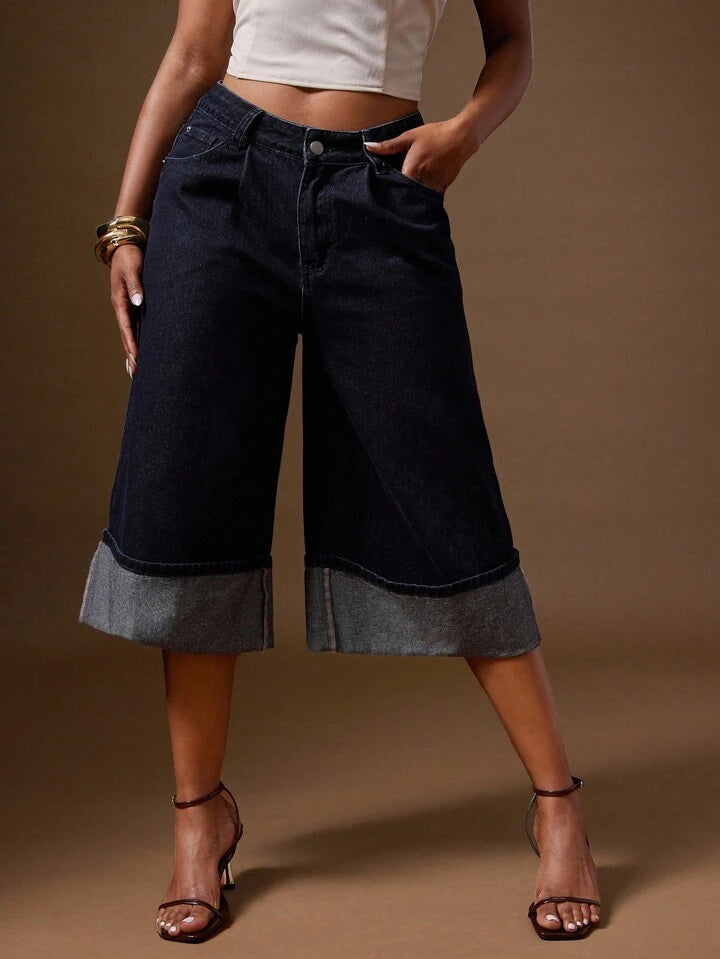 CM-BS553135 Women Casual Seoul Style Cuffed Hem Zipper Fly Wide Leg Denim Shorts - Navy Blue