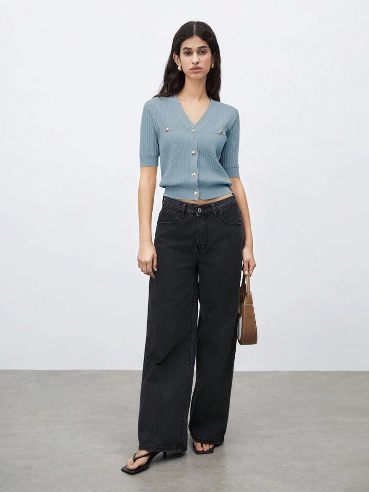 CM-TS565668 Women Casual Seoul Style V-Neck Short Sleeve Button Front Knit Blouse - Blue
