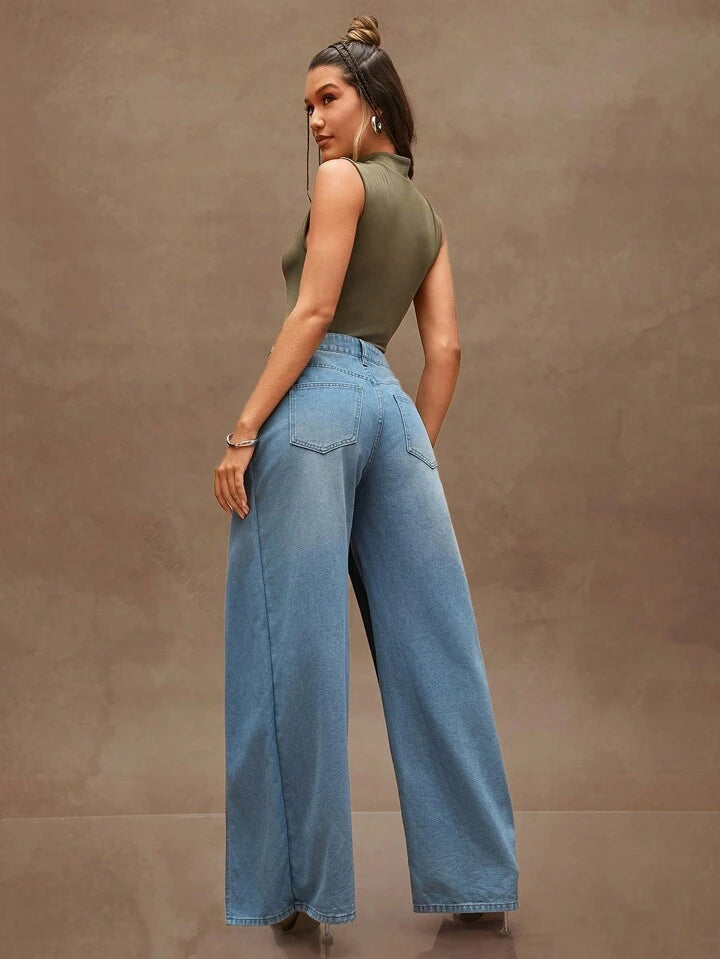 CM-BS954292 Women Casual Seoul Style Medium Wash Loose Fit Pocket Covered Wide Leg Jeans
