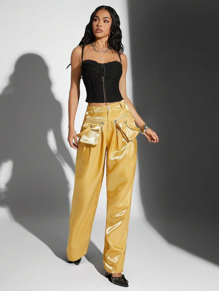 CM-BS021450 Women Elegant Seoul Style High Waist Loose Solid Color Long Straight Leg Pants