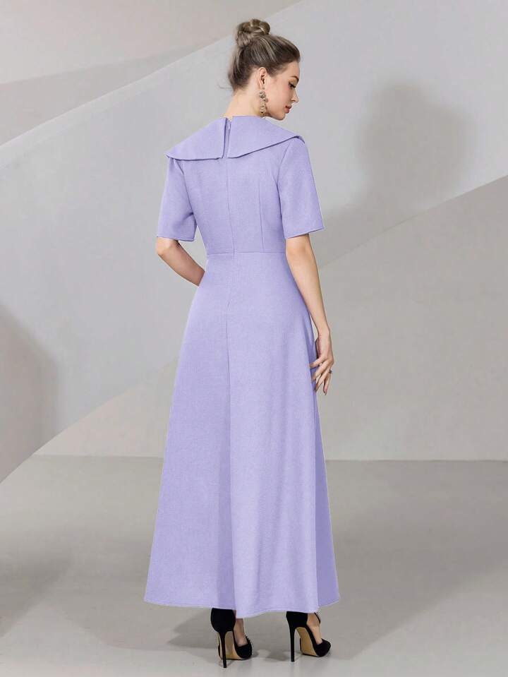 CM-DS792589 Women Elegant Seoul Style Solid Color V-Neck Short Sleeve Front Button Long Dress - Purple